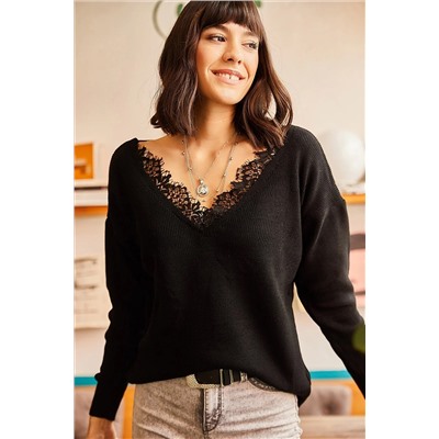 Olalook Kadın Siyah Yakası Dantelli Triko Bluz BLZ-19001605