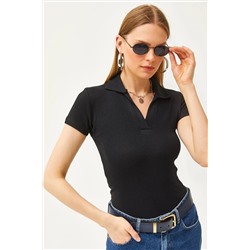 Olalook, Kadın Siyah Polo Yaka Örme Bluz BLZ-19002563