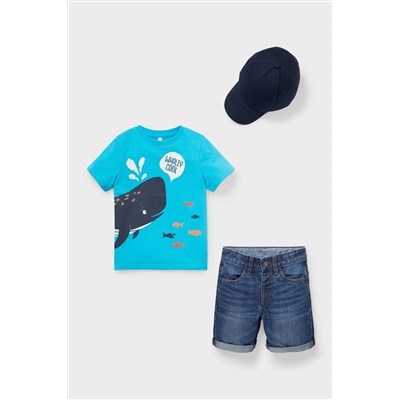 Set - Kurzarmshirt, Jeansshorts und Cap - Bio-Baumwolle