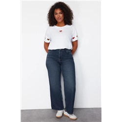 Trendyol Curve Koyu Mavi Yüksek Bel Soluk Efekt Vintage Yıkam Geniş Paça Büyük Beden Wide Leg Jeans TBBSS24CJ00050