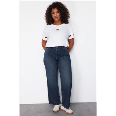 Trendyol Curve Koyu Mavi Yüksek Bel Soluk Efekt Vintage Yıkam Geniş Paça Büyük Beden Wide Leg Jeans TBBSS24CJ00050
