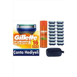 Gillette, Fusion Start 16 Yedek Tıraş Bıçağı - Gillette Fusion 5X 200 ml Jel - Çanta