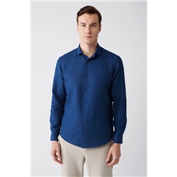 Avva Erkek Mavi Kolay Ütülenebilir Klasik Yaka Gofreli Pamuklu Slim Fit Dar Kesim Gömlek E002030
