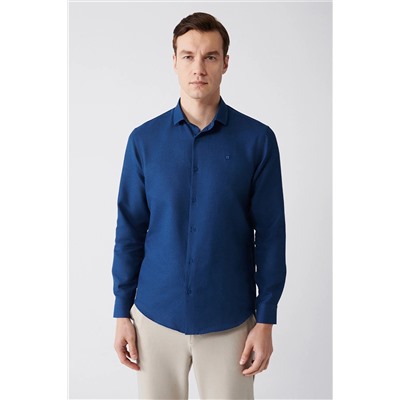 Avva Erkek Mavi Kolay Ütülenebilir Klasik Yaka Gofreli Pamuklu Slim Fit Dar Kesim Gömlek E002030