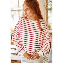 Olalook Kadın Beyaz Bordo Çizgili Basic Yumuşak Dokulu Salaş Sweatshirt SWT-19000457