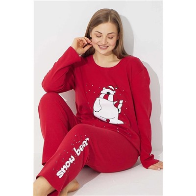 Siyah İnci Kırmızı Curve Büyük Beden Battal Pamuklu Pijama Takımı 22276841
