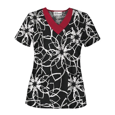 UA Butter-Soft STRETCH Floral Ink Black Print Scrub Top