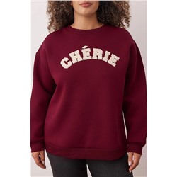 Bordo Kalın İçi Polarlı Oversize/Bol Kesim Slogan Nakışlı Örme Büyük Beden Sweatshirt TBBAW26AO00008