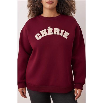 Bordo Kalın İçi Polarlı Oversize/Bol Kesim Slogan Nakışlı Örme Büyük Beden Sweatshirt TBBAW26AO00008