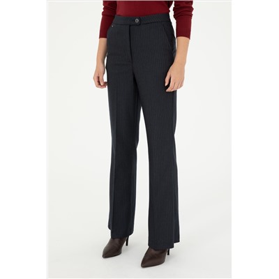 Kadın Lacivert Çizgili Slim Flare Fit Kanvas Pantolon