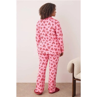 Pembe %100 Pamuklu Kalp & Leopar Desenli Gömlek-Pantolon Örme Pijama Takımı TBBAW26AI00017