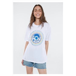 Mavi Nazar Boncuğu Baskılı Beyaz Tişört Loose Fit / Bol Rahat Kesim 1611912-620