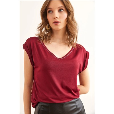 Olalook, Kadın Bordo Gümüş Dikiş Detaylı V Yaka Örme Viskon Bluz BLZ-19002659
