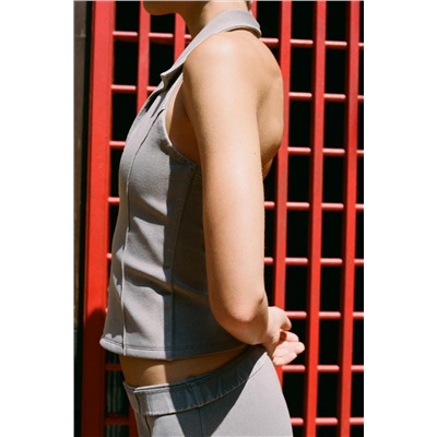 FADED-EFFECT INTERLOCK HALTER POLO TOP