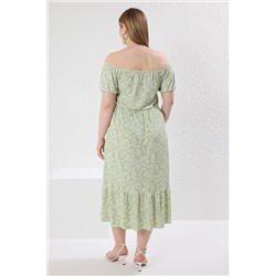 Açık Yeşil Şal Etnik Desenli A-line Maxi Boy Örme Büyük Beden Elbise TBBSS22AH00009