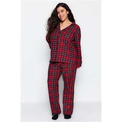 Kırmızı Ekoseli Gömlek Yaka Yumuşak Tuşe Örme Pijama Takımı TBBAW24AI00033