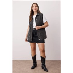Antrasit Gömlek Yaka Cep Detaylı %100 Pamuk Denim Yelek Ceket TBBAW26BH00003