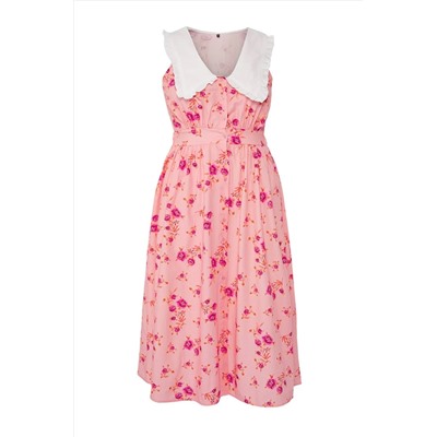 Pembe  Çiçekli Poplin %100 Pamuk Bebe Yaka Midi Dokuma Büyük Beden Elbise TBBSS25AH00158