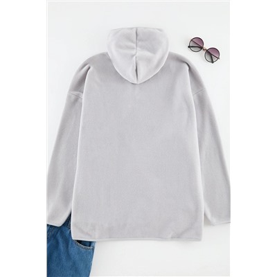 Gri Kalın Polar Kapüşonlu ve Fermuarlı Oversize/Bol Kesim Örme Büyük Beden Sweatshirt TBBAW25AO00030
