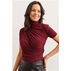 Olalook Kadın Bordo Drape Detaylı Kısa Kollu Dökümlü Bluz BLZ-19002672