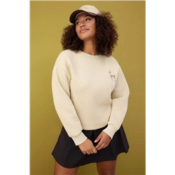 Taş Animal Nakışlı Regular/Normal Kalıp Kalın İçi Polarlı Örme Büyük Beden Sweatshirt TBBAW26AO00006