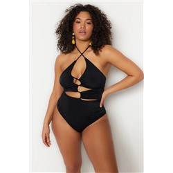Trendyol Curve Siyah Cut Out Detaylı Boyundan Bağlamalı Büyük Beden Mayo TBBSS23AM00016