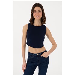 Kadın Lacivert Kolsuz Bisiklet Yaka Crop Basic Tişört