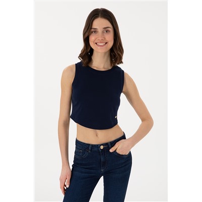 Kadın Lacivert Kolsuz Bisiklet Yaka Crop Basic Tişört