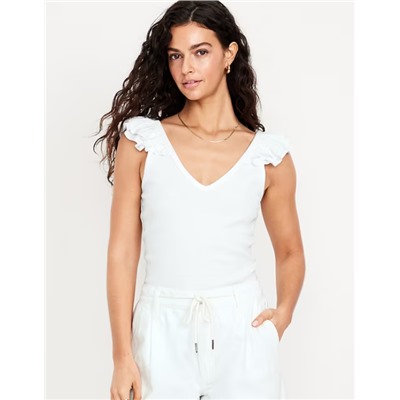 Ruffle-Trim Mixed Material Top