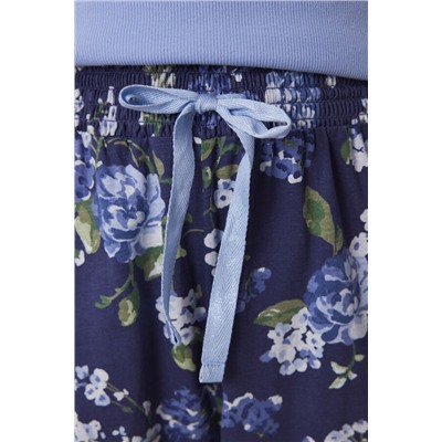 Pijama largo 100% algodón canalé azul flores