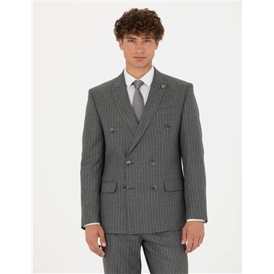 Kruvaze Çizgili Füme Ekstra Slim Fit Takım Elbise