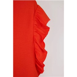 Kırmızı Bisiklet Yaka Kolları Fırfırlı %100 Pamuk Örme T-Shirt TBBSS23BF00006