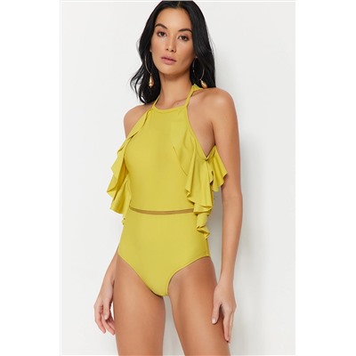 TRENDYOLMİLLA Yağ Yeşili Halter Yaka Fırfırlı Normal Paça Mayo TBESS20MA0297