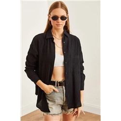 Olalook, Kadın Siyah Oversize Basic Müslin Gömlek GML-19001217