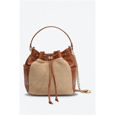 Bolso saco de rafia y piel Santorini Beige y camel