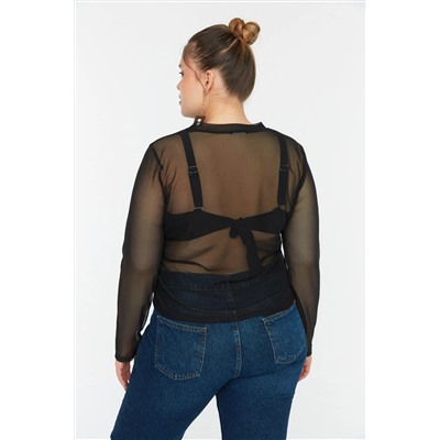 Siyah Örme Tül Crop Bluz TBBSS22BZ00017