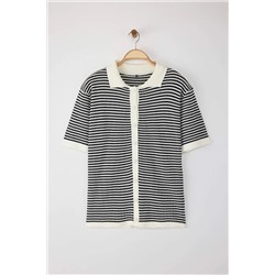 Siyah-Krem Polo Yaka Çizgili Triko Bluz TBBSS25AF00115