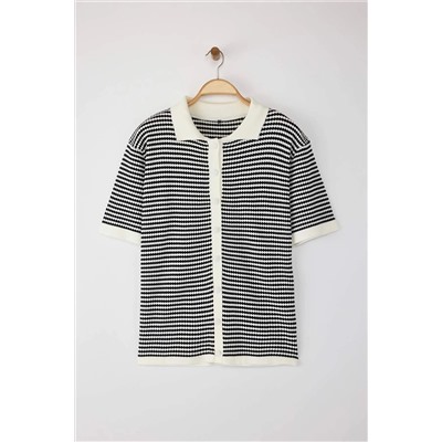 Siyah-Krem Polo Yaka Çizgili Triko Bluz TBBSS25AF00115