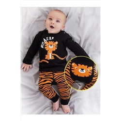 Denokids Tiger Kaplan Erkek Bebek Siyah T-shirt Turuncu Tayt-Pantolon Takım CFF-22S1-175