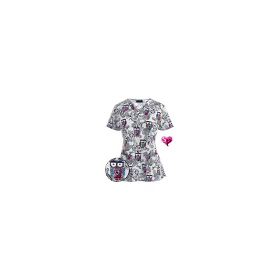 Cherokee Scrubs Look Hoo's Talking V-Neck Print Top
