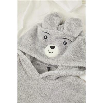 Gri Kapüşonlu ve Nakışlı Wellsoft Kışlık Örme Pijama Takımı TBBAW26AI00008