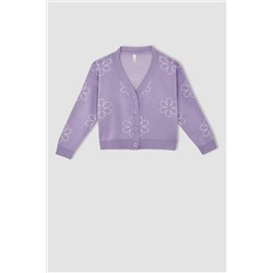 Kız Çocuk Regular Fit Basic Çiçek Desenli V Yaka Düğmeli Triko Hırka