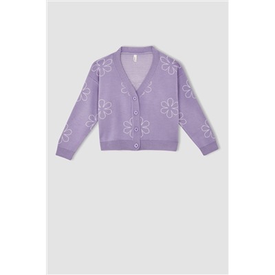 Kız Çocuk Regular Fit Basic Çiçek Desenli V Yaka Düğmeli Triko Hırka