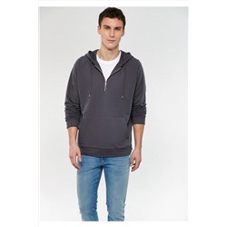 Mavi Kapüşonlu Yarım Fermuarlı Gri Sweatshirt 0611210-82336