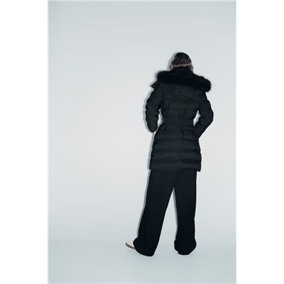 HOODED PUFFER DOWN JACKET WITH FAUX FUR