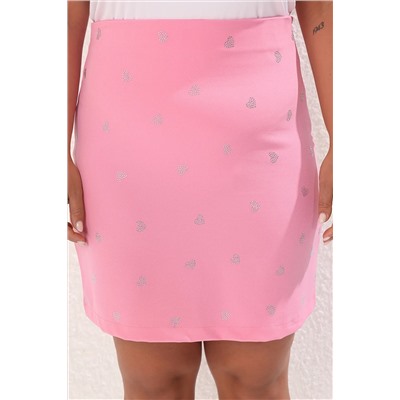 Pembe Kalp Desenli Taşlı Mini Dokuma Büyük Beden Etek TBBSS25AZ00011