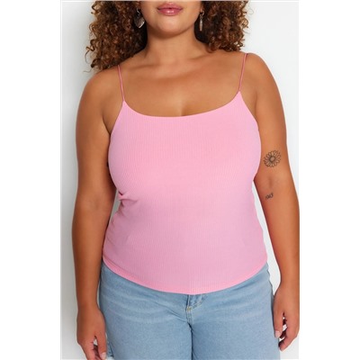Pembe Spagetti Askılı Crop Fitilli Örme Büyük Beden Bluz TBBSS23AF00013
