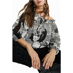 Blusa blanca y negra encaje mangas