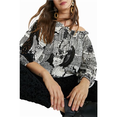 Blusa blanca y negra encaje mangas