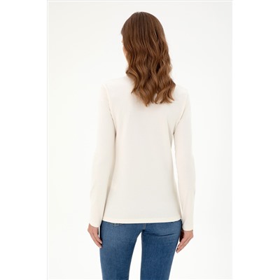 Kadın Krem Basic Polo Yaka Sweatshirt